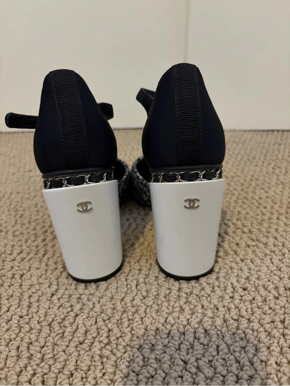 CHANEL Black and Silver Tweed T-Strap Block Heel Pumps